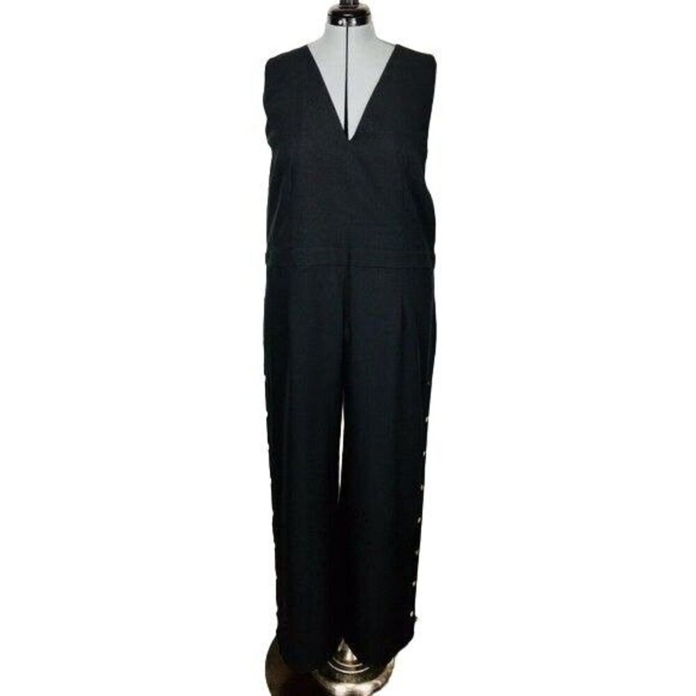Black Sleeveless V-Neck Wide Leg Snap Breakaway Pant Jumpsuit Plus Size 3X